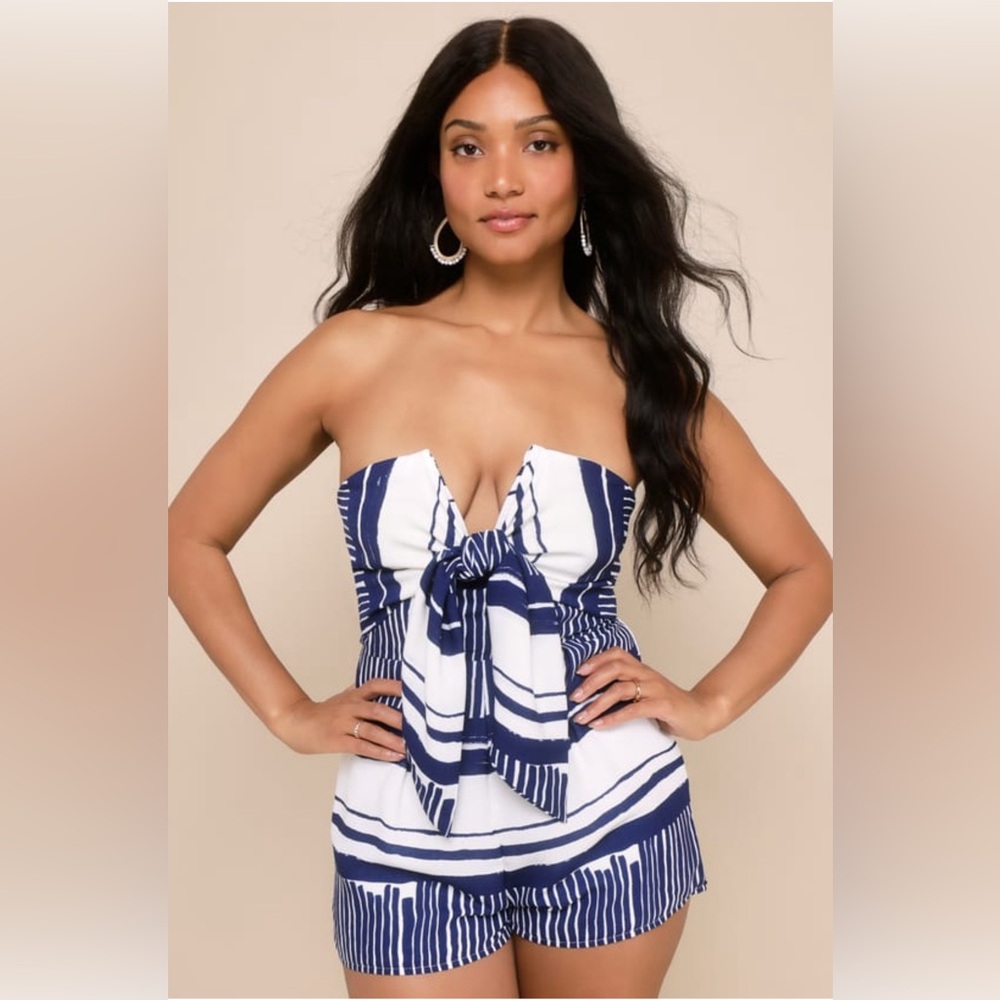 Lulus Delphi Blue and White Striped Tie-Front Strapless Romper NWT